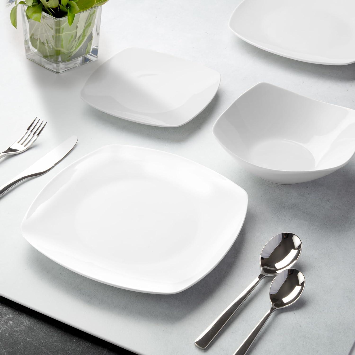 Zulay Kitchen Luna Dinnerware Set, 16 Piece Modern Porcelain Dish Set for 4, Chip and Scratch Resistant Square Plates and Bowls Sets, Microwave and Dishwasher Safe, Pearl White