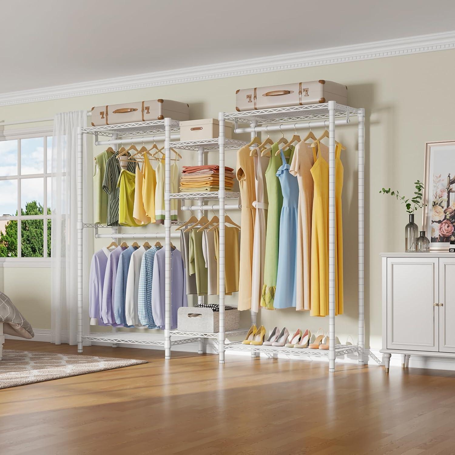 Ulif E7 Heavy Duty Garment Rack, Clothes Organizer and Storage Rack with Expandable Hangers, Metal Clothing Rack with 6 Wire Shelves, (52.3"-72") W x 14.5" D x 71.2" H, Load 838 LBS, White