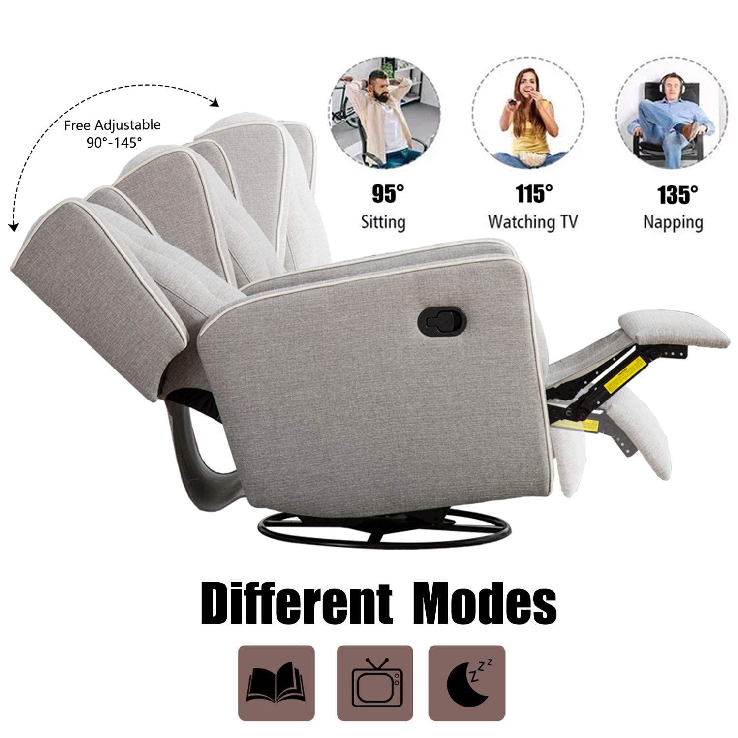 Bonzy Home Swivel Rocker Recliner Chair, Manual Reclining Chair, Single Seat Reclining Chair, Gray