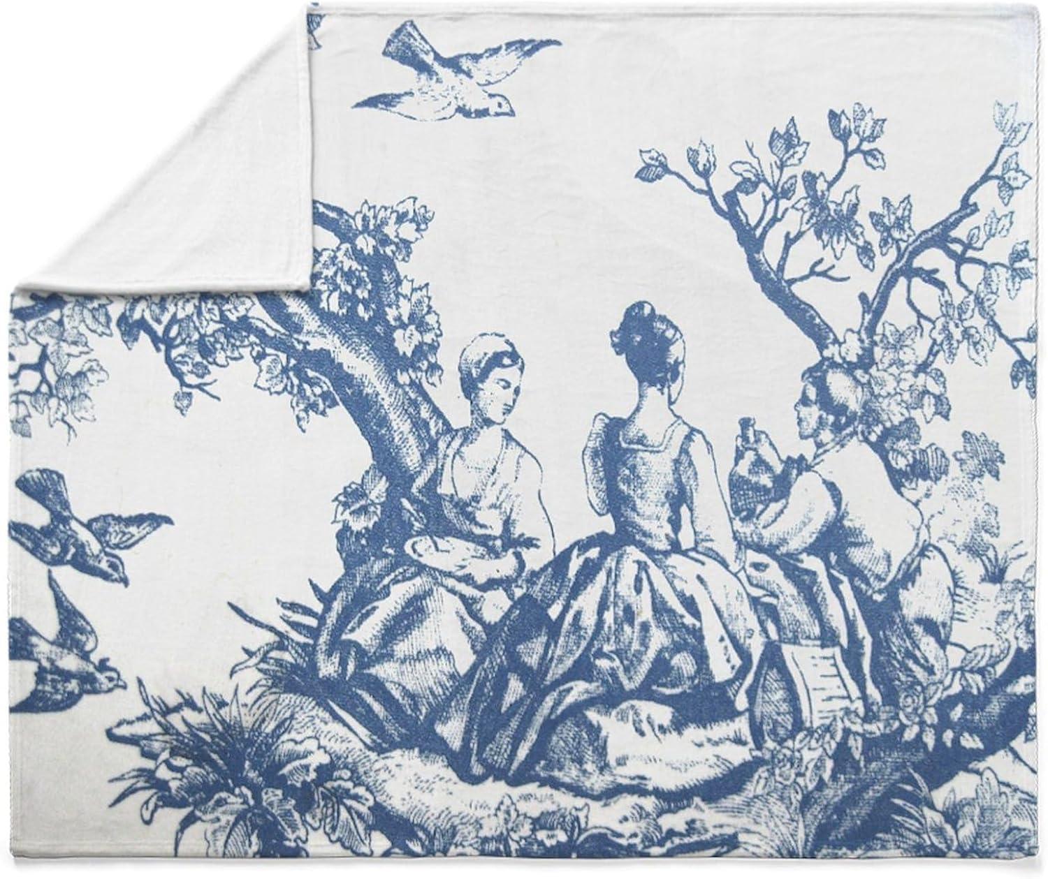 Blue and White French Toile Fleece Throw Blanket