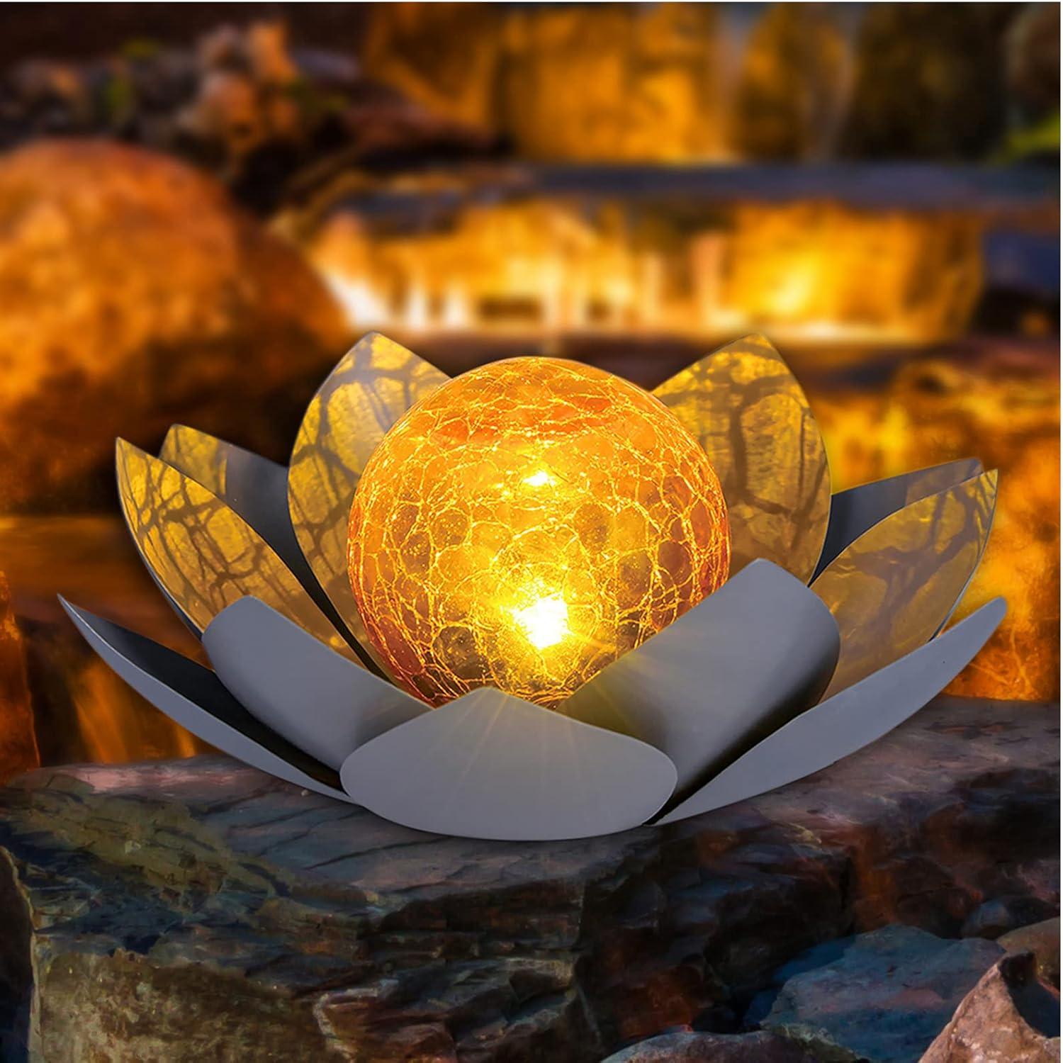 Amber Crackle Glass Lotus Solar Garden Light