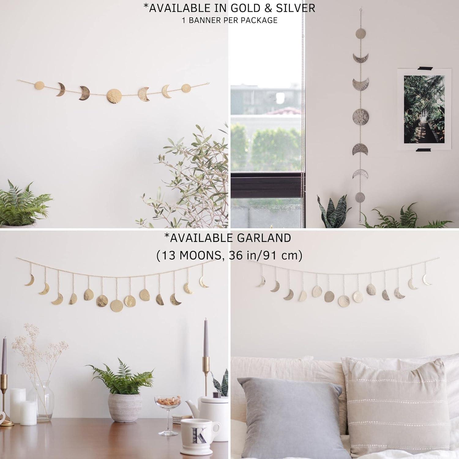 Elegant Bohemian Aesthetic, Moon Phase Wall Decor With Glowing Phases, Handmade Hammered Gold Metal Vertical Wall Art For Shelves, Bedside Tables, Mirrors