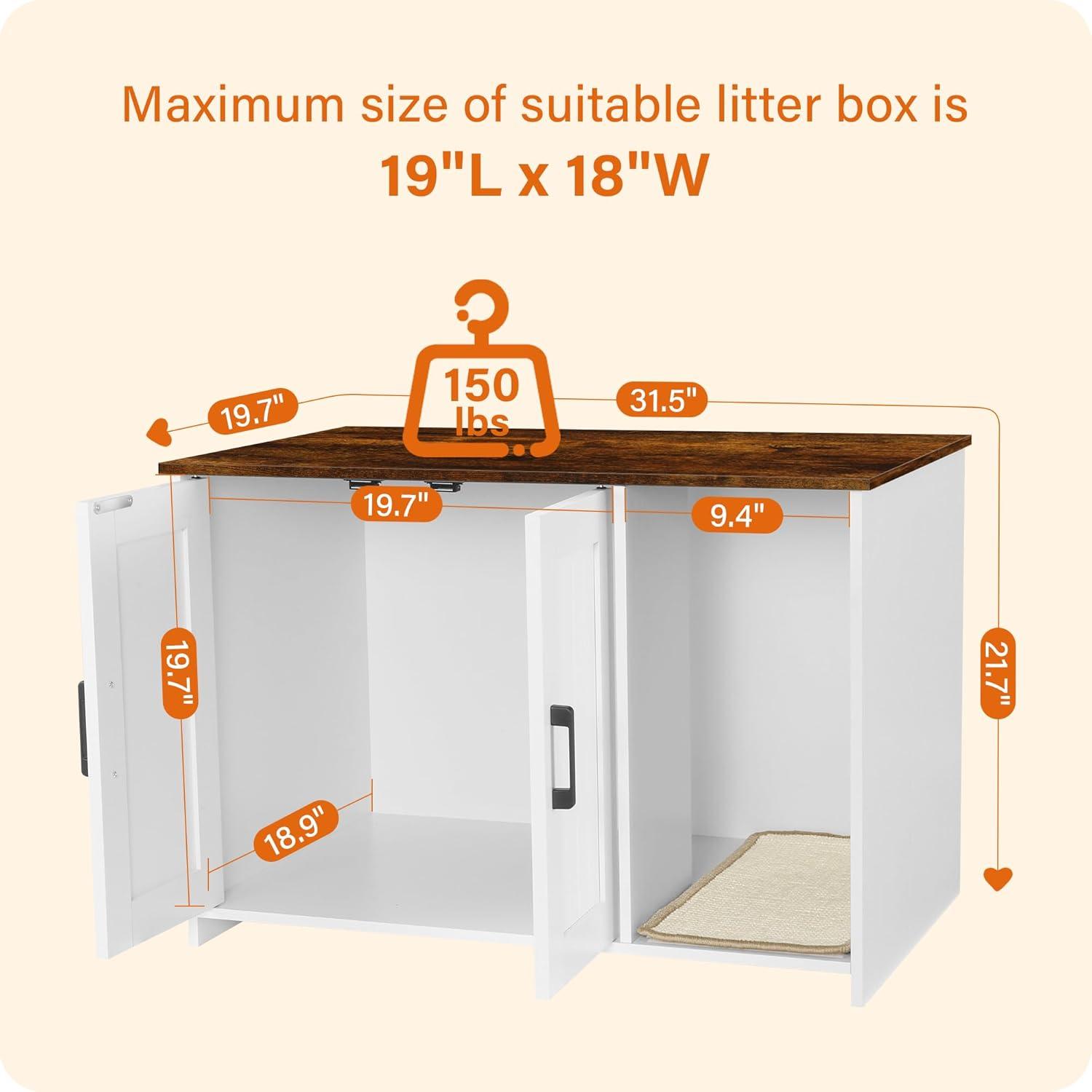 Litter Box Enclosure, Cat Litter Box Furniture Hidden, With Scratching Mat, Wooden Cat Washroom Indoor, Fit Most Of Litter Box, 31.5" L X 19.7" W X 21.7" H, White + Warm Brown