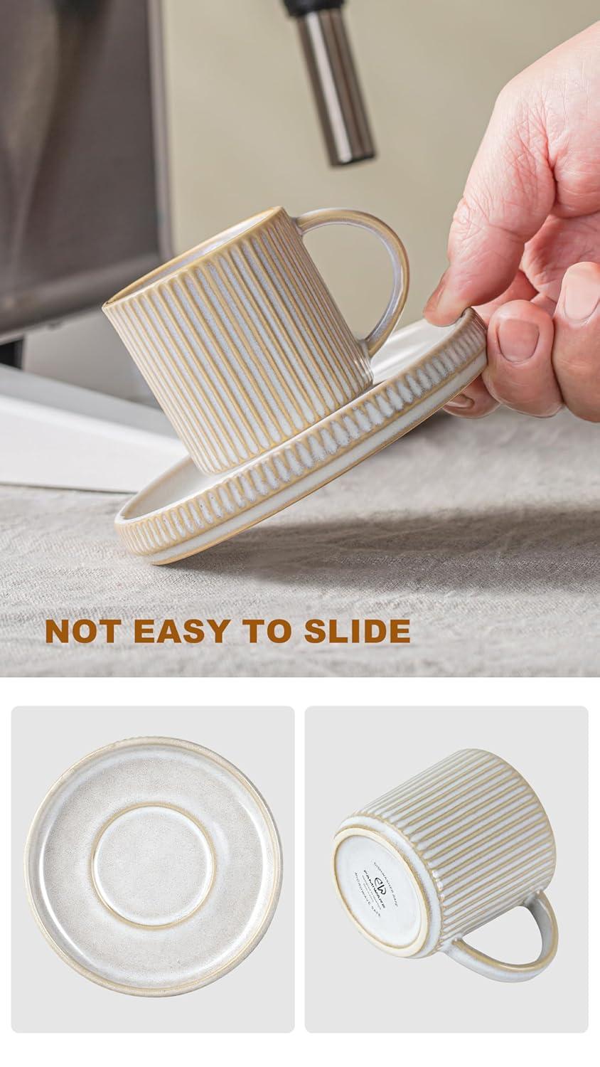 shuoli Star Espresso Cups And Saucers Set Of 4, [ Mini ] 3 Oz Ceramic Small Coffee Mug With Handle, Ribbed Stoneware Demitasse Cup For Tea, Latte - Microwave & Dishwasher Safe - Cappuccino White