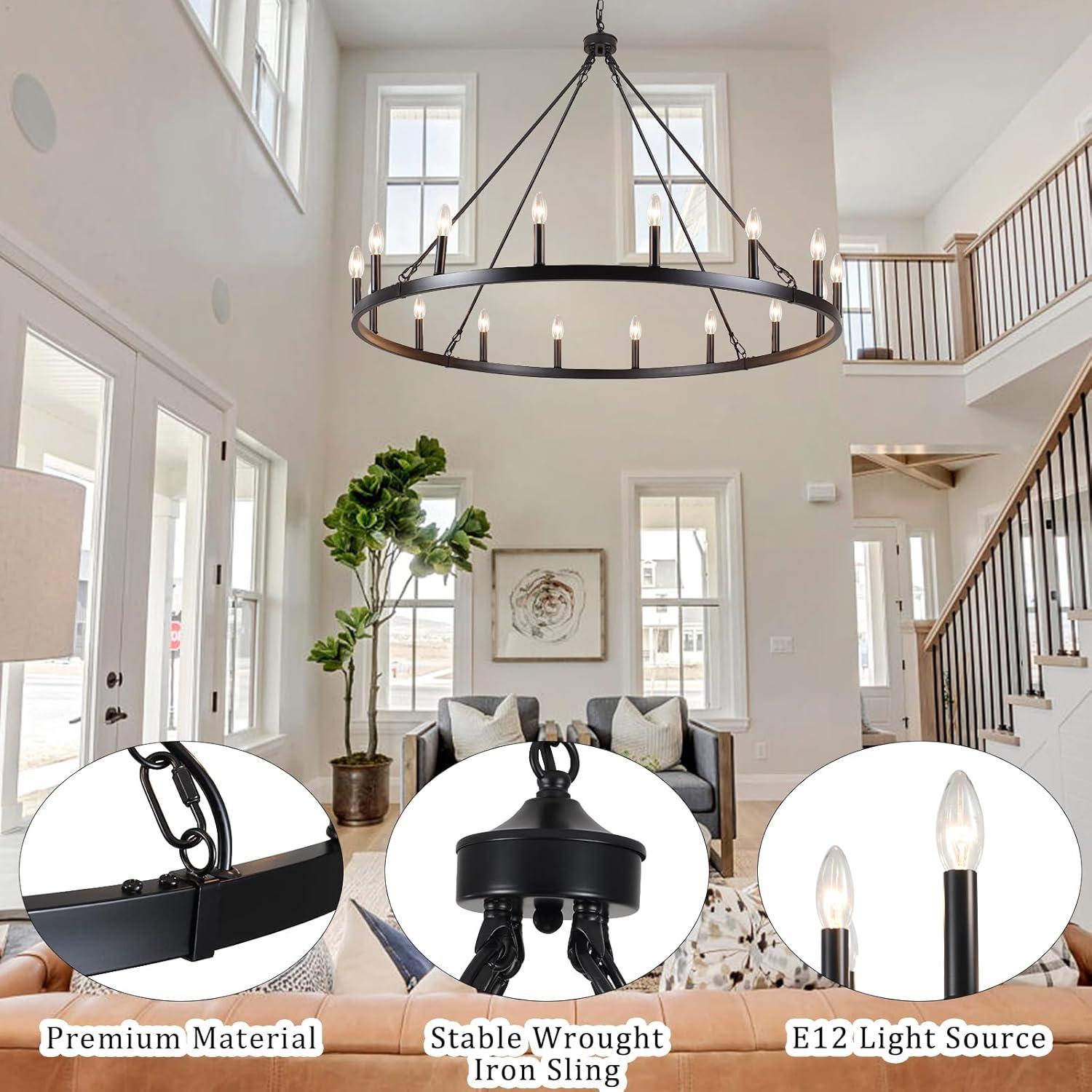 16-Lights Wagon Wheel Chandelier 47 Inch Black Farmhouse Chandelier Large Chandeliers for High Ceilings Round Modern Farmhouse Chandeliers Ceiling Light for Living Room Dining Room Foyer Entryway
