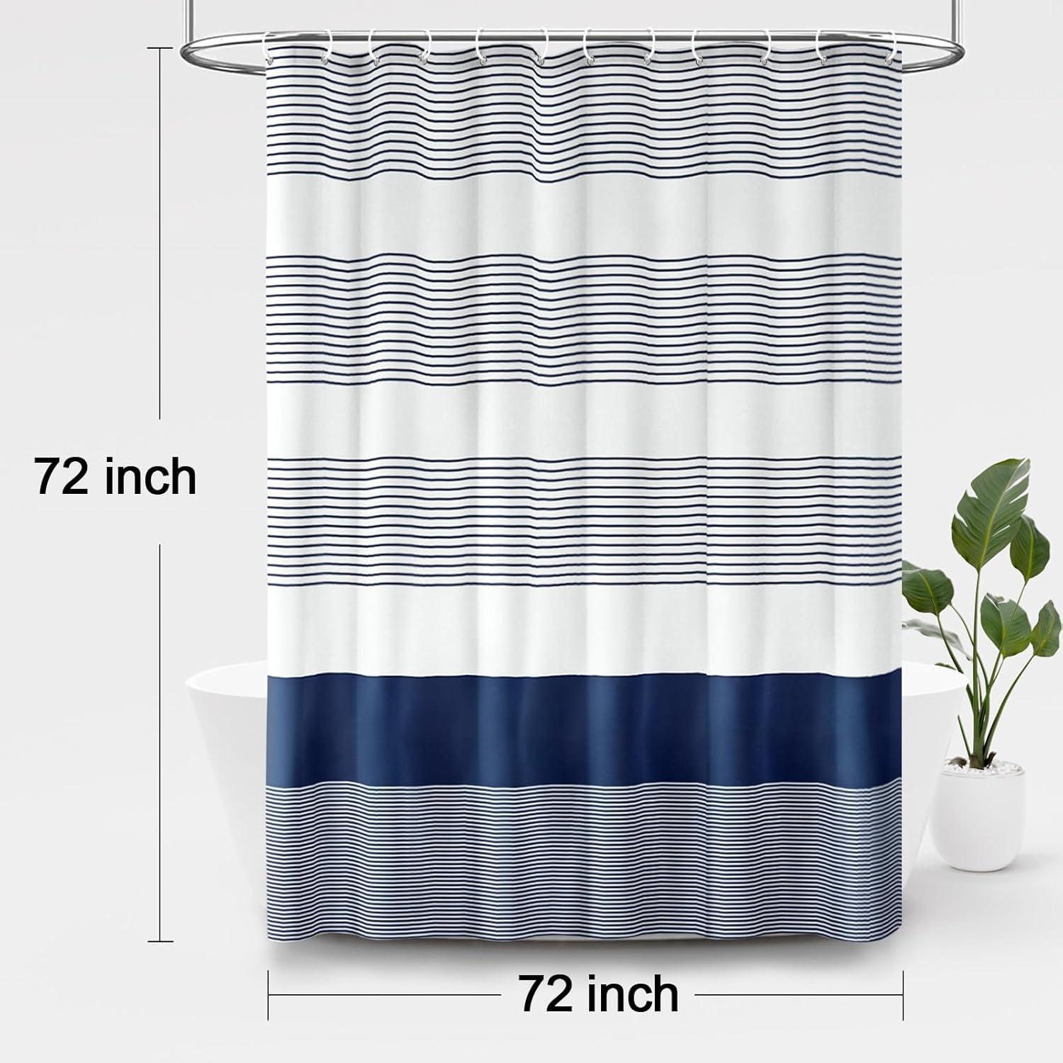 bufftieo Navy Blue and White Shower Curtain for Bathroom Boho Striped Fabric Modern Farmhouse Tassel Shower Curtain Sets - 72" x 72"