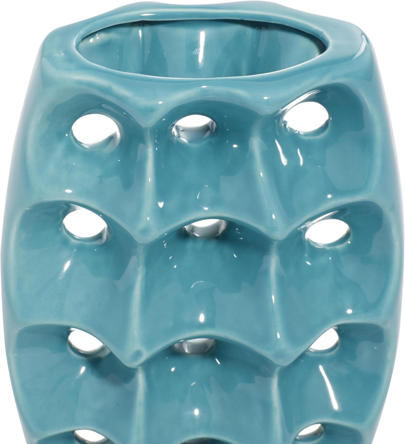 Modern Blue Ceramic Trio Vase Set with Textured Embellishments