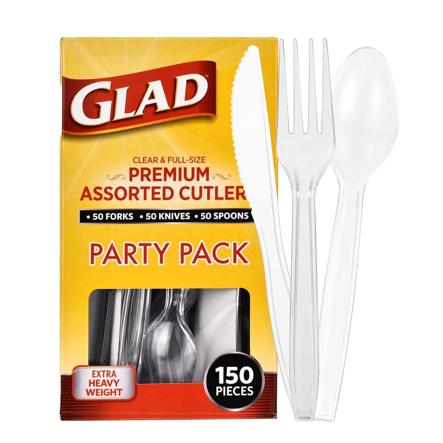 Glad Premium Assorted Plastic Cutlery | Clear And Extra Heavy Weight Forks, Knives, And Spoons |150 Piece Set of Disposable Party Utensils