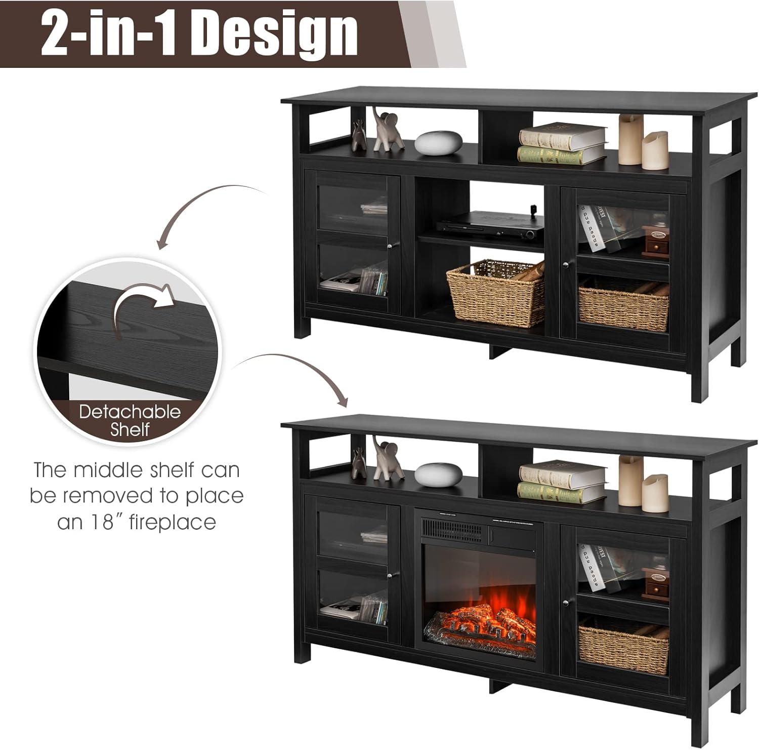 Tangkula Farmhouse TV Stand for TVs up to 65" Flat Screen, Wooden TV Console Table w/2 Cabinets & 4 Shelves, Home Living Room Furniture, Entertainment Center for 18" Electric Fireplace (Not Included)