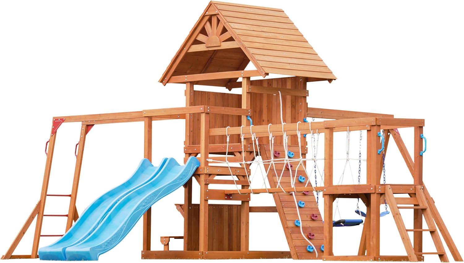 Dolphin Playground Dolphin Playground Luxury Cedar Playground Set: Double Wave Slide, 2-in-1 Table, Monkey Bars, Balance Beam, 3 Swings, Large Rock Wall, Wood Roof