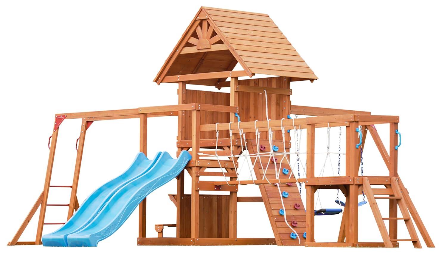 Dolphin Playground Dolphin Playground Luxury Cedar Playground Set: Double Wave Slide, 2-in-1 Table, Monkey Bars, Balance Beam, 3 Swings, Large Rock Wall, Wood Roof