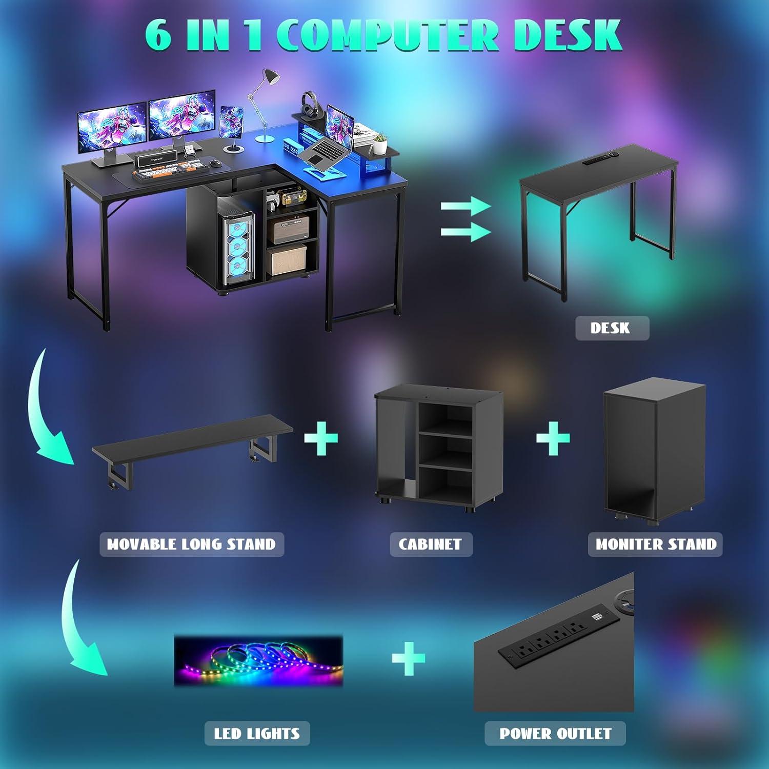 L Shaped Gaming Desk with Power Outlet and LED Light, Reversible Corner Computer Desk for Home Office, Black