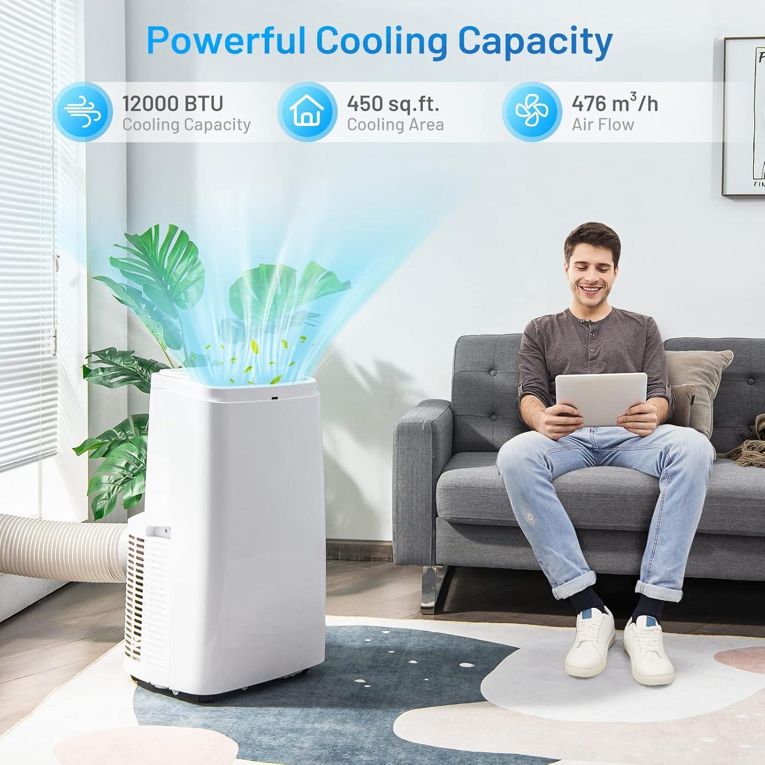12000 BTU Portable Air Conditioner, 3-in-1 AC Cooling Unit w/Dehumidifier & Fan Modes, Cools 450 Sq. Ft, Compact Freestanding Air Conditioner, Quiet Operation