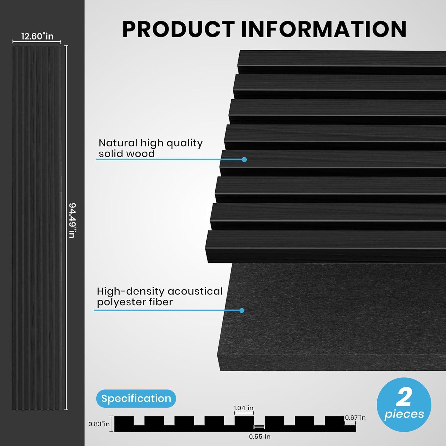 LOVMOR 0.83 in. x 7.87 ft. x 1 ft. Slat Wood Sound Absorbing Black(Black Felt) Decorative Wall Paneling 2-Pack