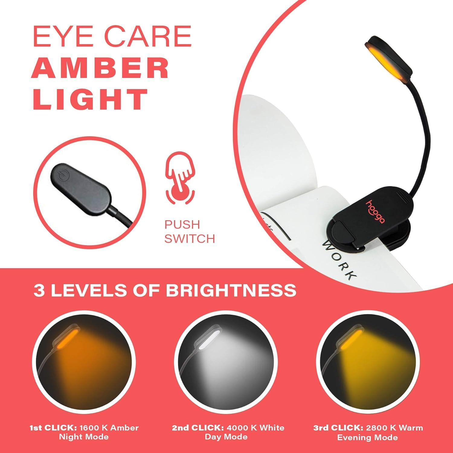 Book Light, Blue Light Blocking, Amber Clip-On Reading Light by Hooga. 1600K Warm LEDs for Reading in Bed. Sleep Aid Light. Rechargeable 1200mAh Battery. Adjustable Brightness. Works with Kindles