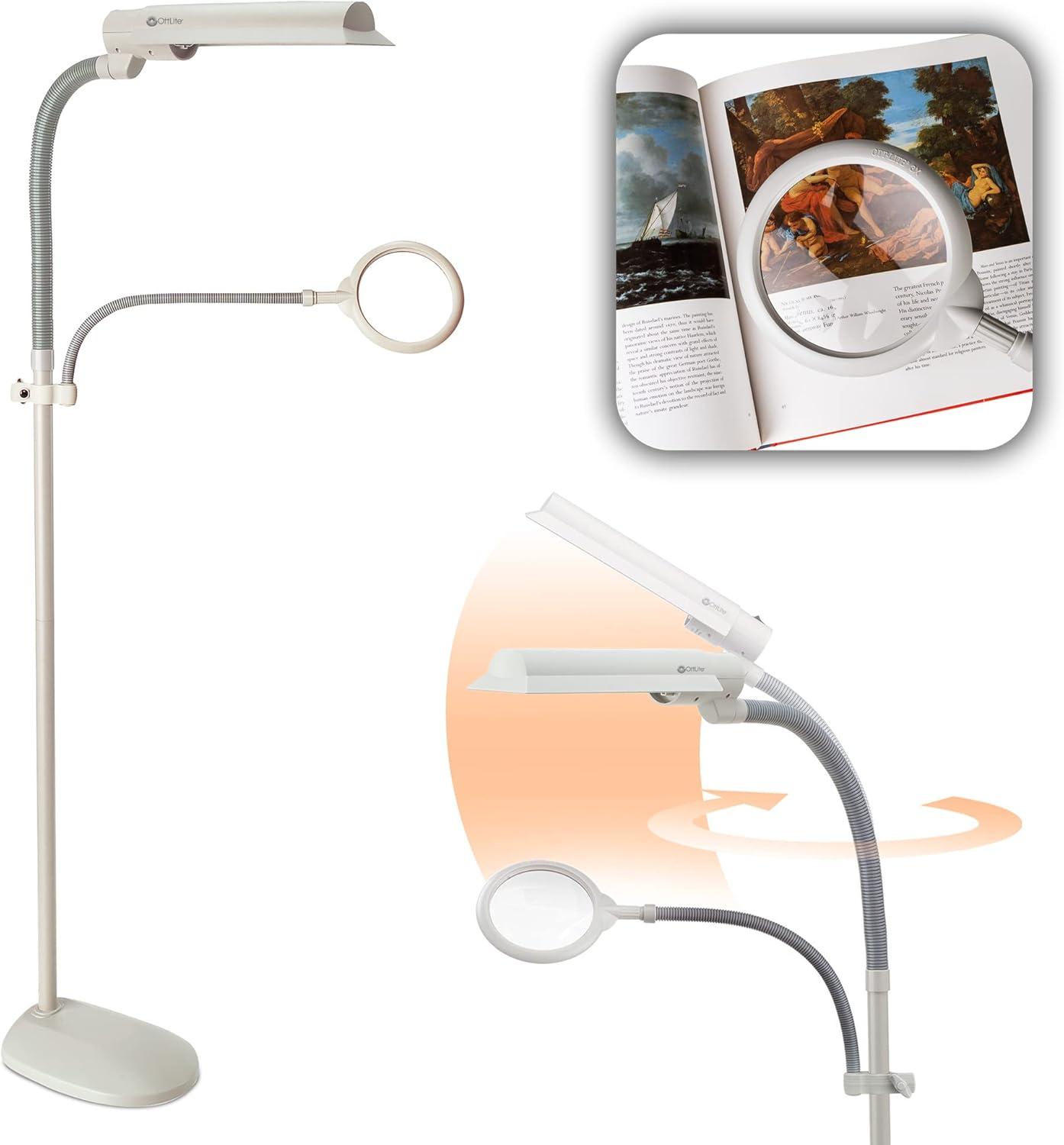 OttLite 18w EasyView Standing Floor Lamp with Optical Grade 3X Magnifier Attachment Arm & Flexible N