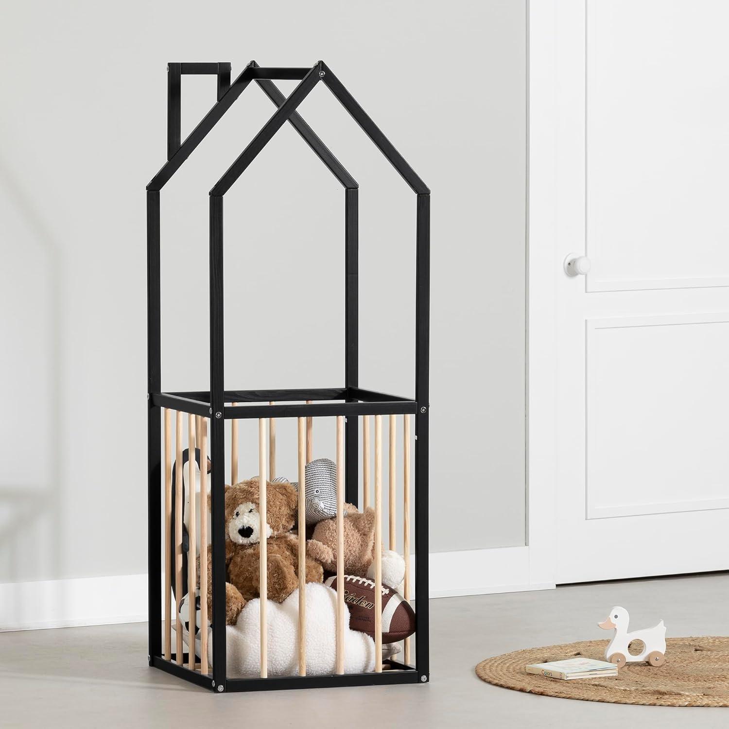 Scandinavian Black and Natural Wood House-Shaped Toy Storage Unit