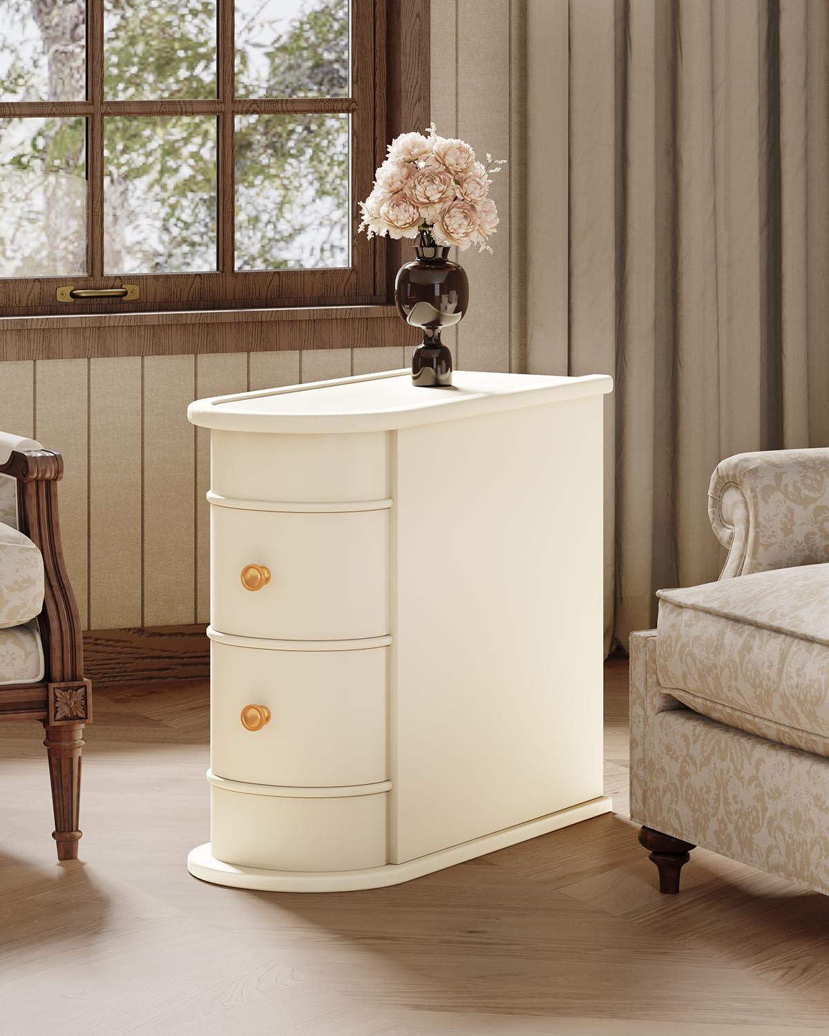 Hommoo Wood Narrow Nightstand with 2 Drawers Off-White
