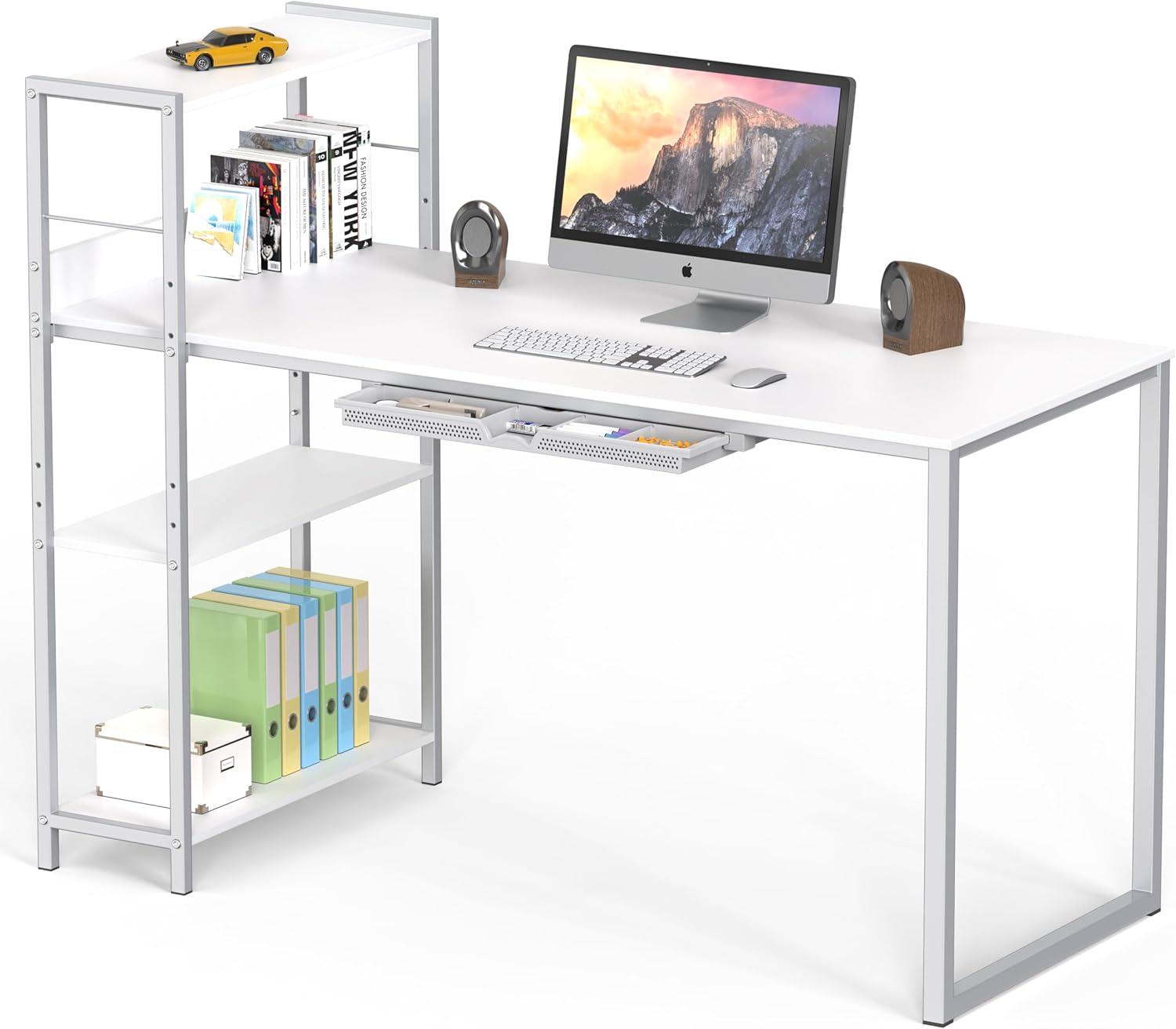 White 46-Inch Computer Desk with Adjustable Shelf and Drawer