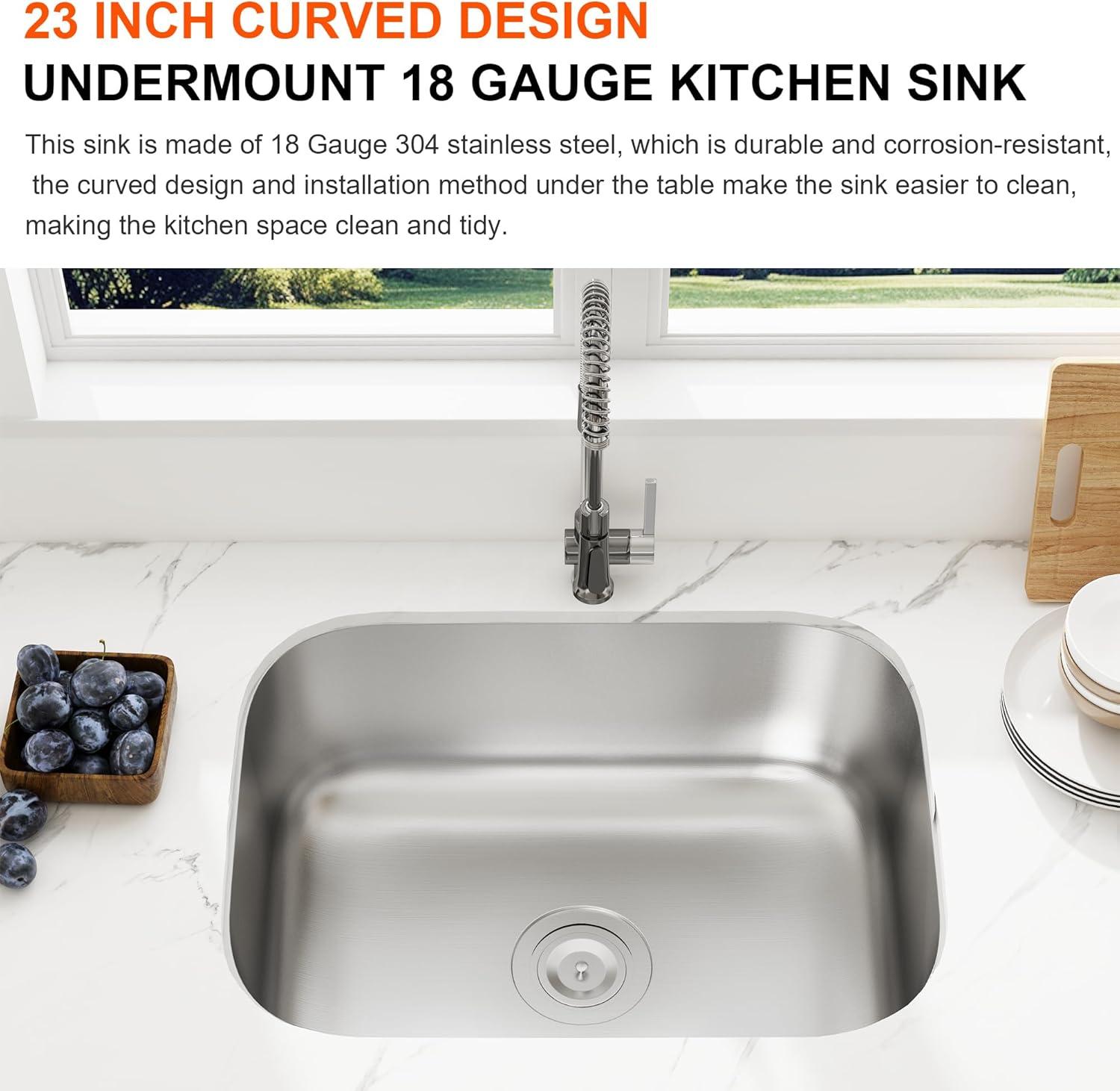 Blenzia 23 Inch Curved Undermount Kitchen Sink 304 Stainless Steel 18 Gauge Single Bowl Sink 23" x 18" x 9"