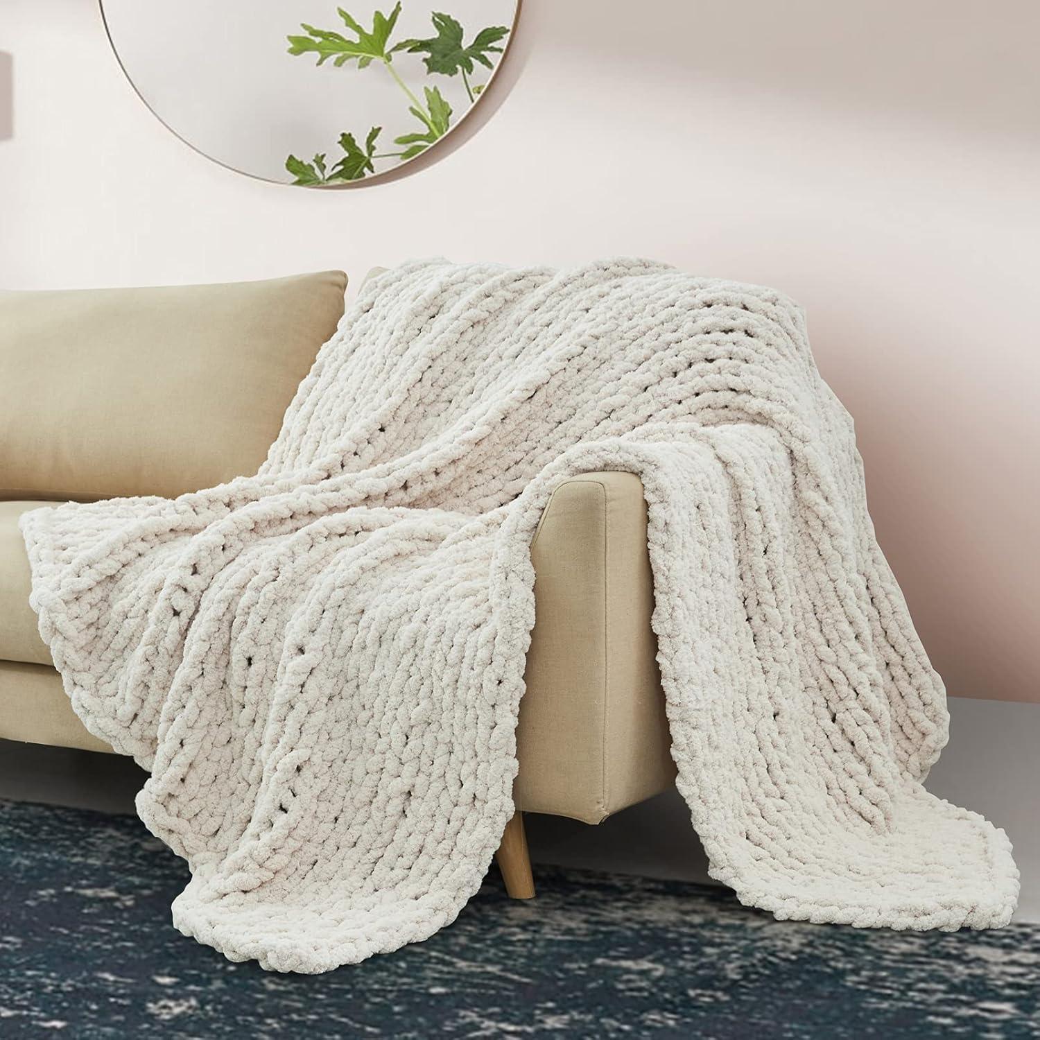 Beige Chunky Knit Chenille Throw Blanket 40x50