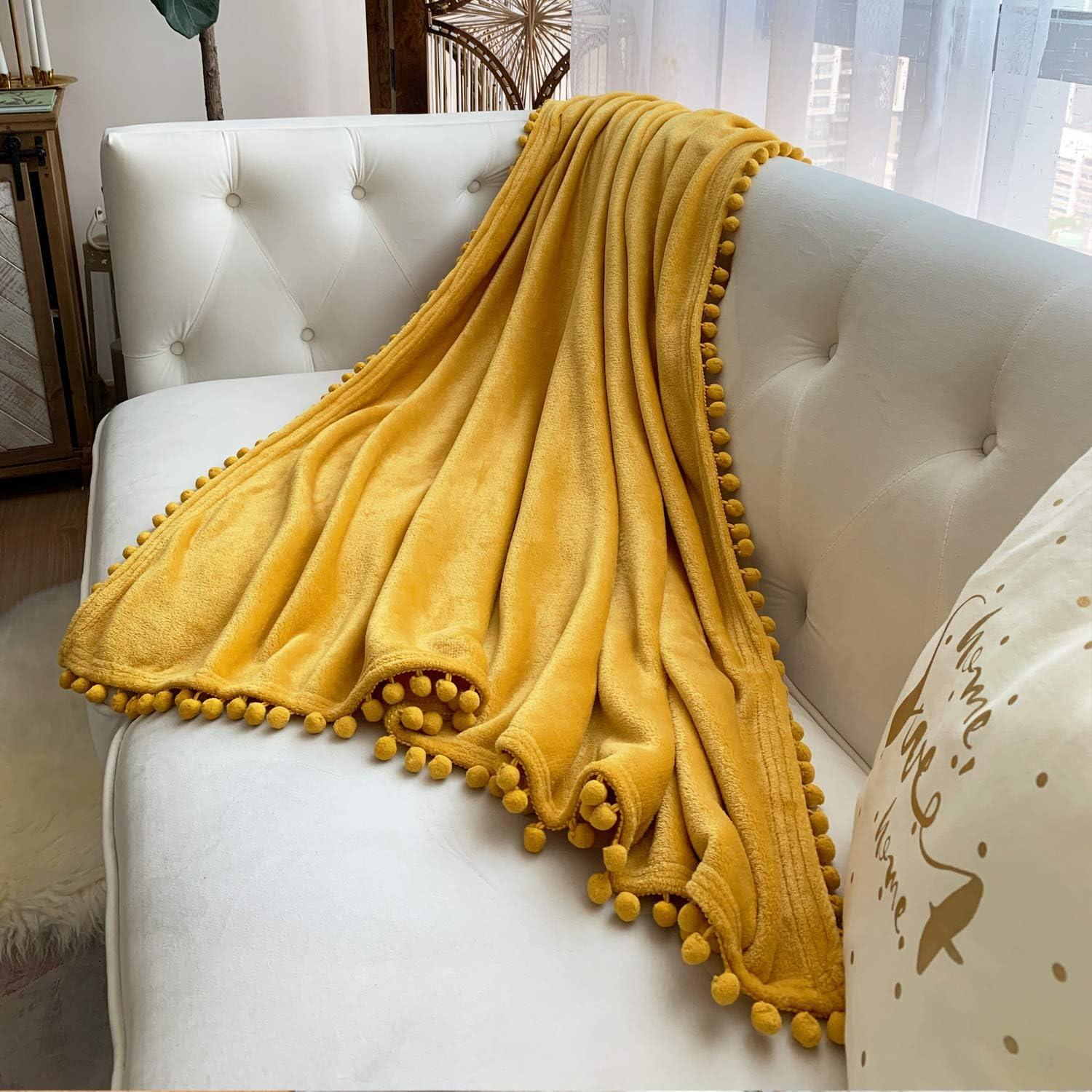 Mustard Yellow Flannel Blanket with Pompom Fringe, 51x63