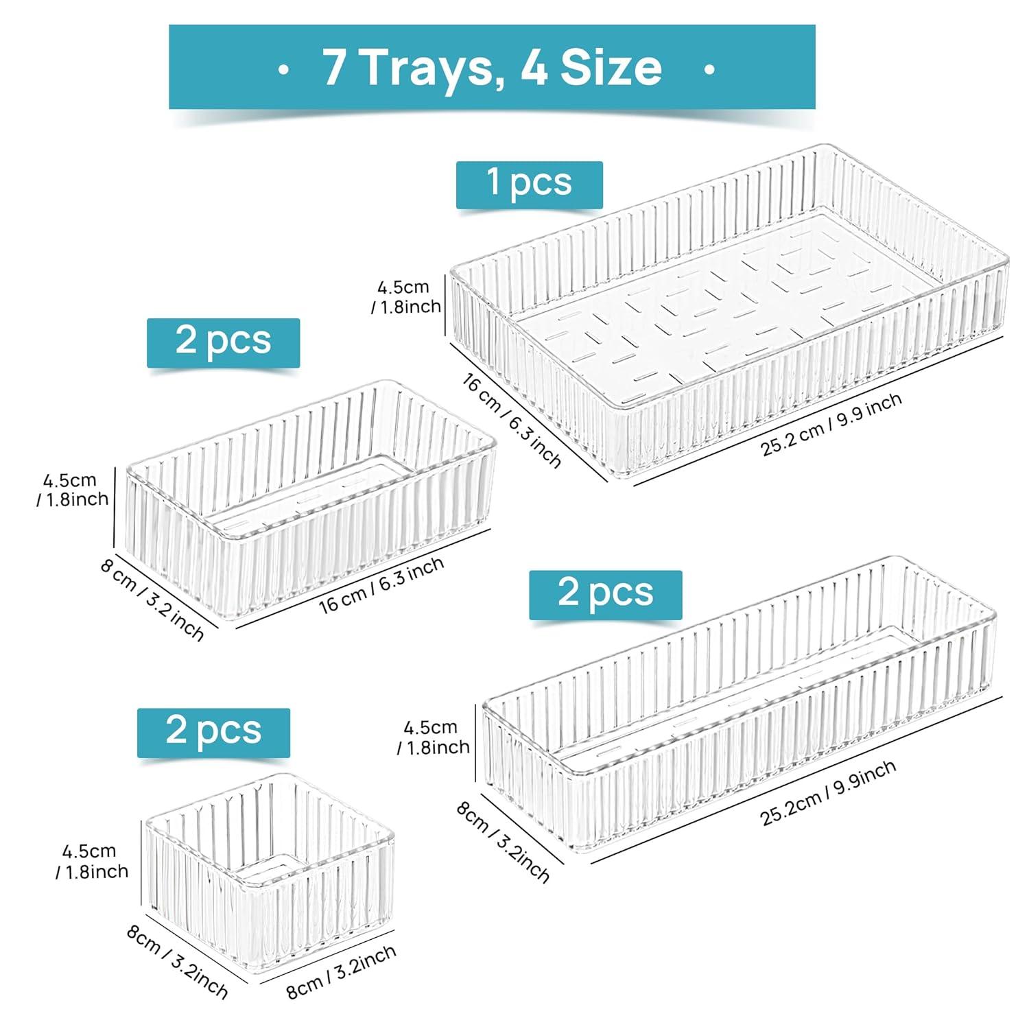 Hokku Designs 7 PCS Clear Drawer Organizers Bins, 4-Size Stackable Makeup And Vanity Drawer Organizer Trays, Acrylic Bathroom Drawer Storage Containers