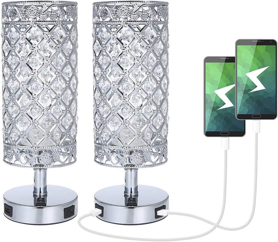 Crystal Table Lamp Set of 2, Bedside Nightstand Lamps with 2 USB Charging Ports, Silver Crystal Desk Lamp for Bedroom Living Room