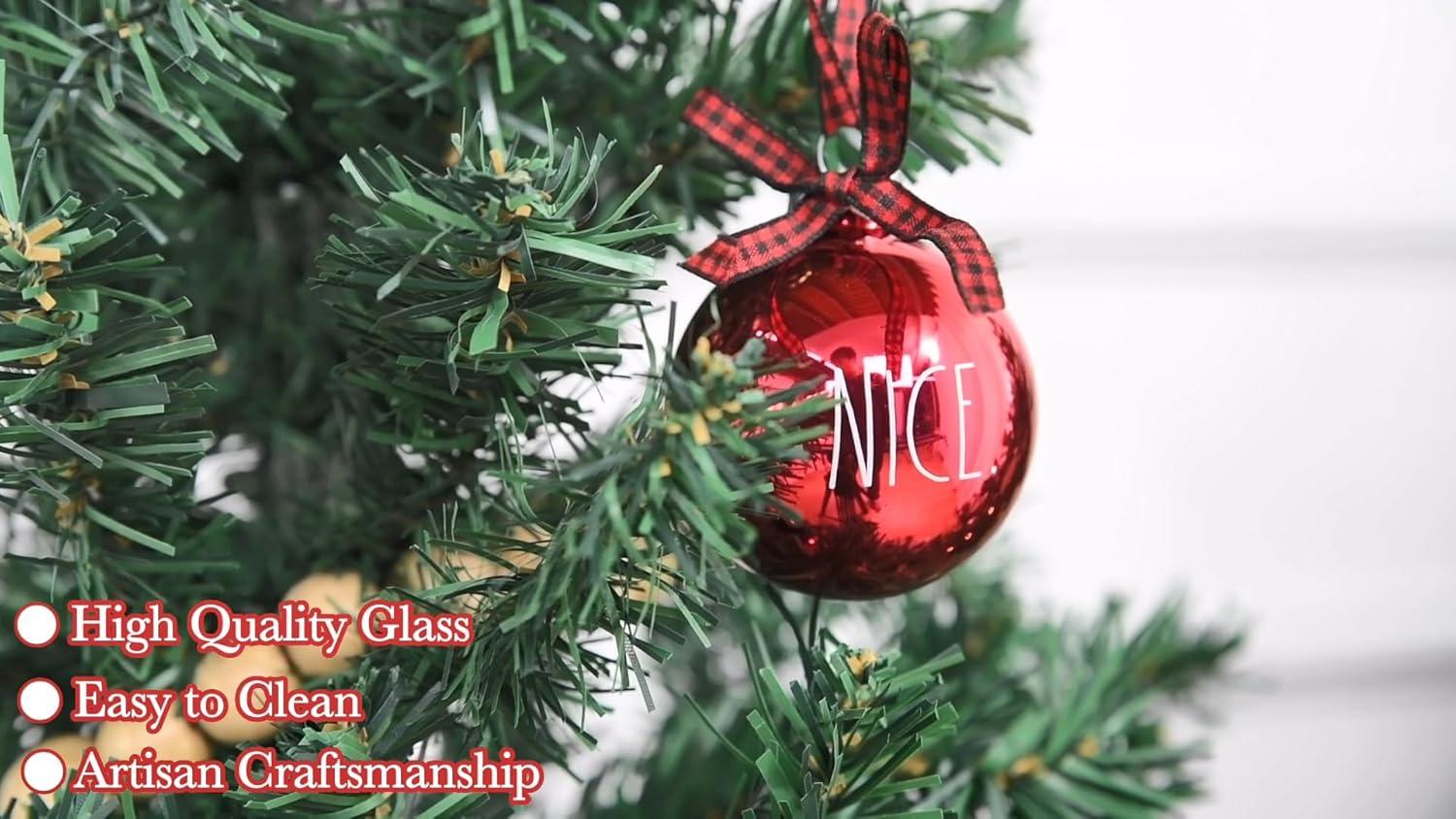 Rae Dunn Christmas Ornaments - Set of 12 Clear Glass Balls with Cute Holiday Designs - 60mm / 2.36 Inch Hanging Decorations for Xmas Tree