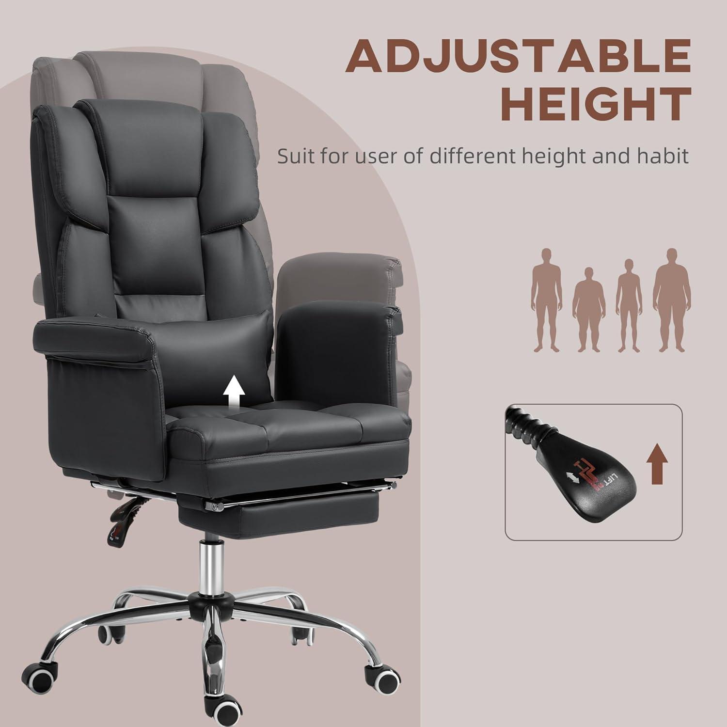 HOMCOM Executive Office Chair with Footrest and Lumbar Support, PU Leather Office Desk Chair, Ergonomic, Reclining and Swivel Chair, Black