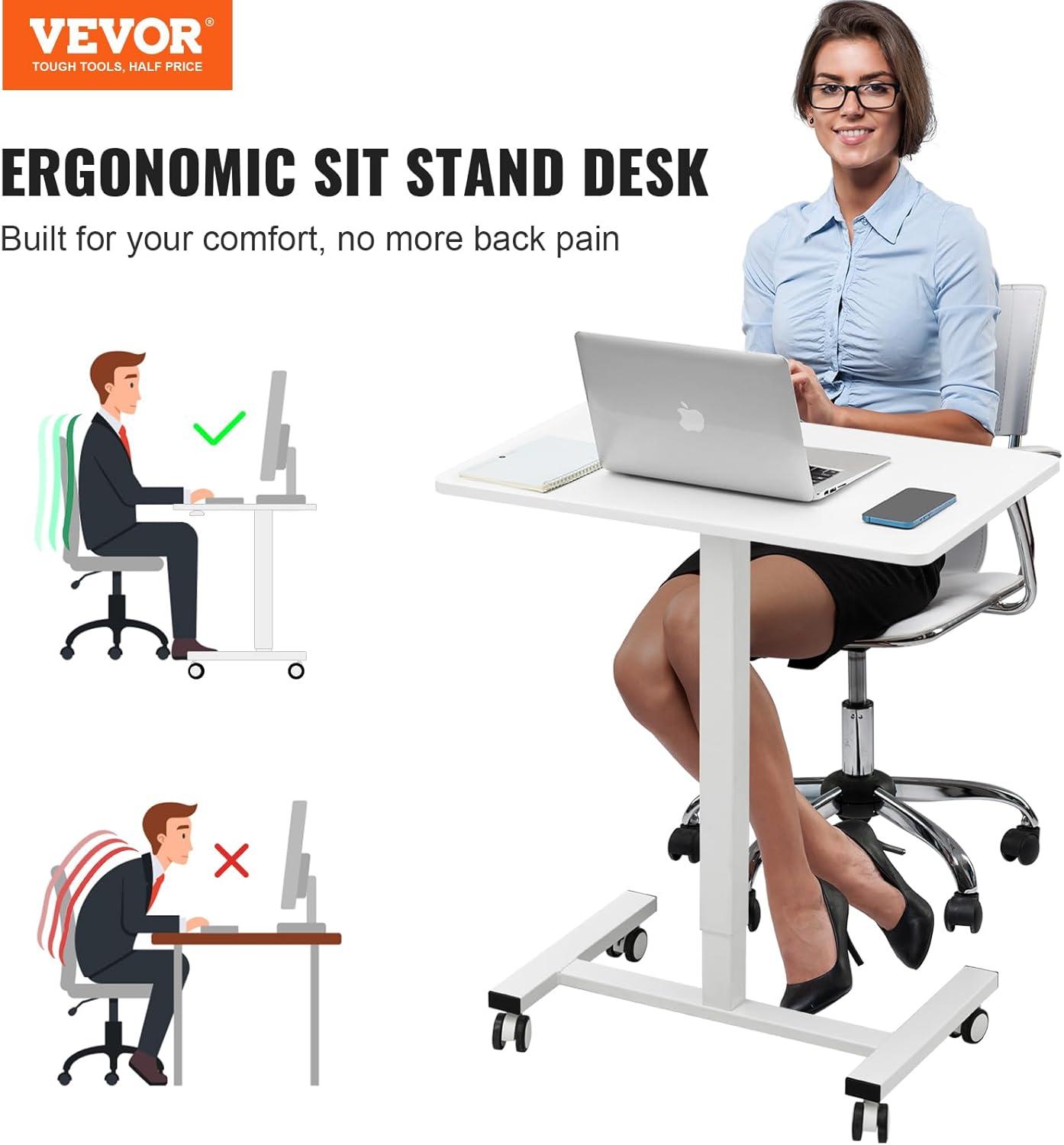 VEVOR Mobile Standing Desk Gas-Spring Height Adjustable Sit-Stand Desk 360° Swivel Wheels(2 Lockable) 28"-44"H