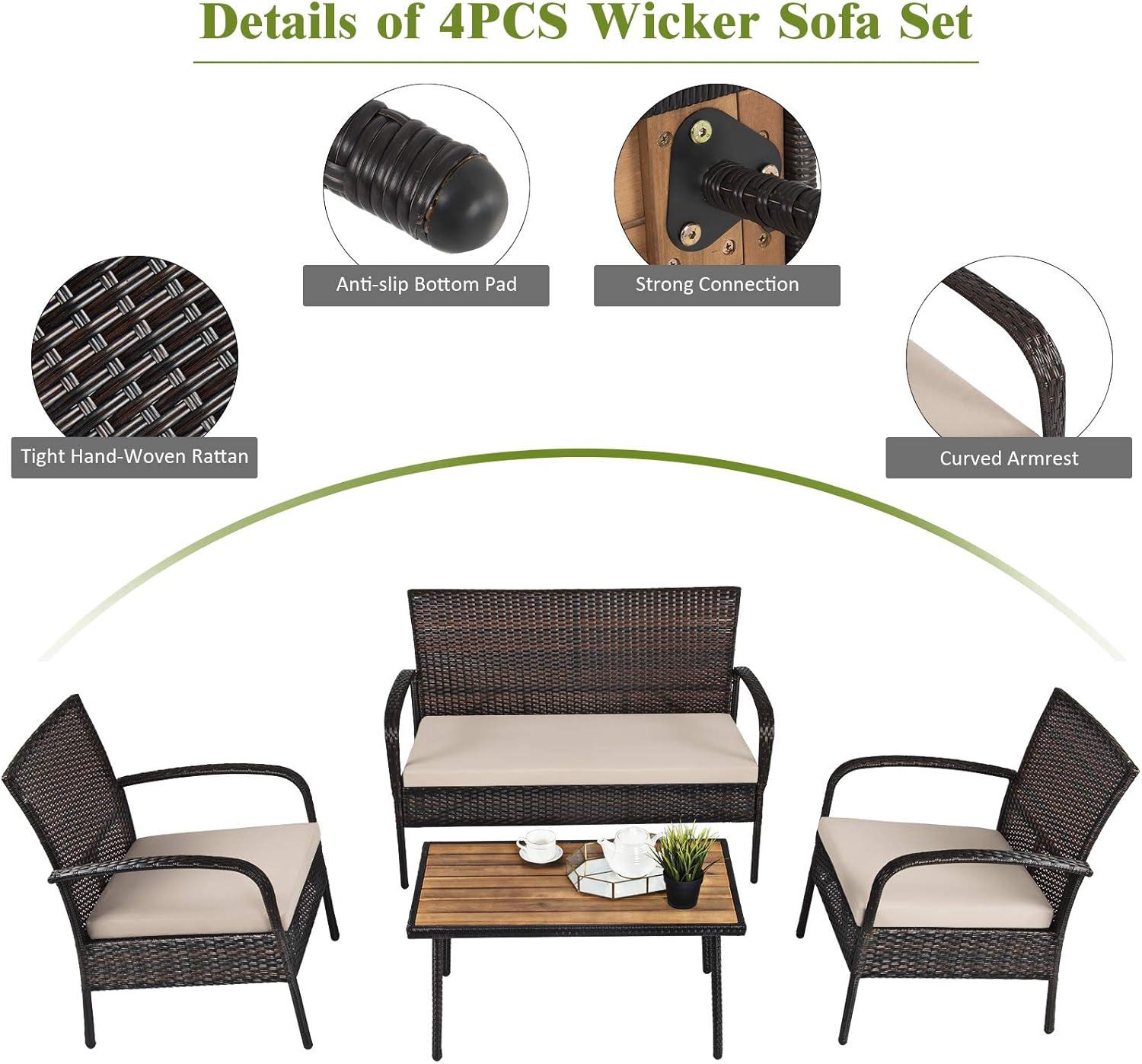 Tangkula 4PCS Cushioned Rattan Patio Conversation Set Outdoor Furniture Set