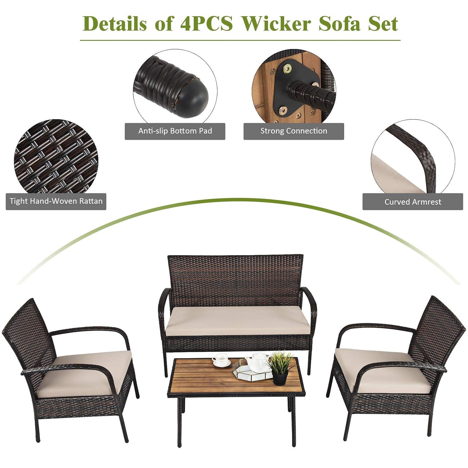 Tangkula 4PCS Cushioned Rattan Patio Conversation Set Outdoor Furniture Set
