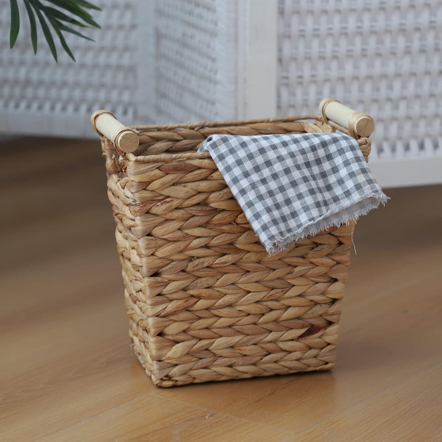 Handmade Water Hyacinth Woven Storage Basket with Wood Handles