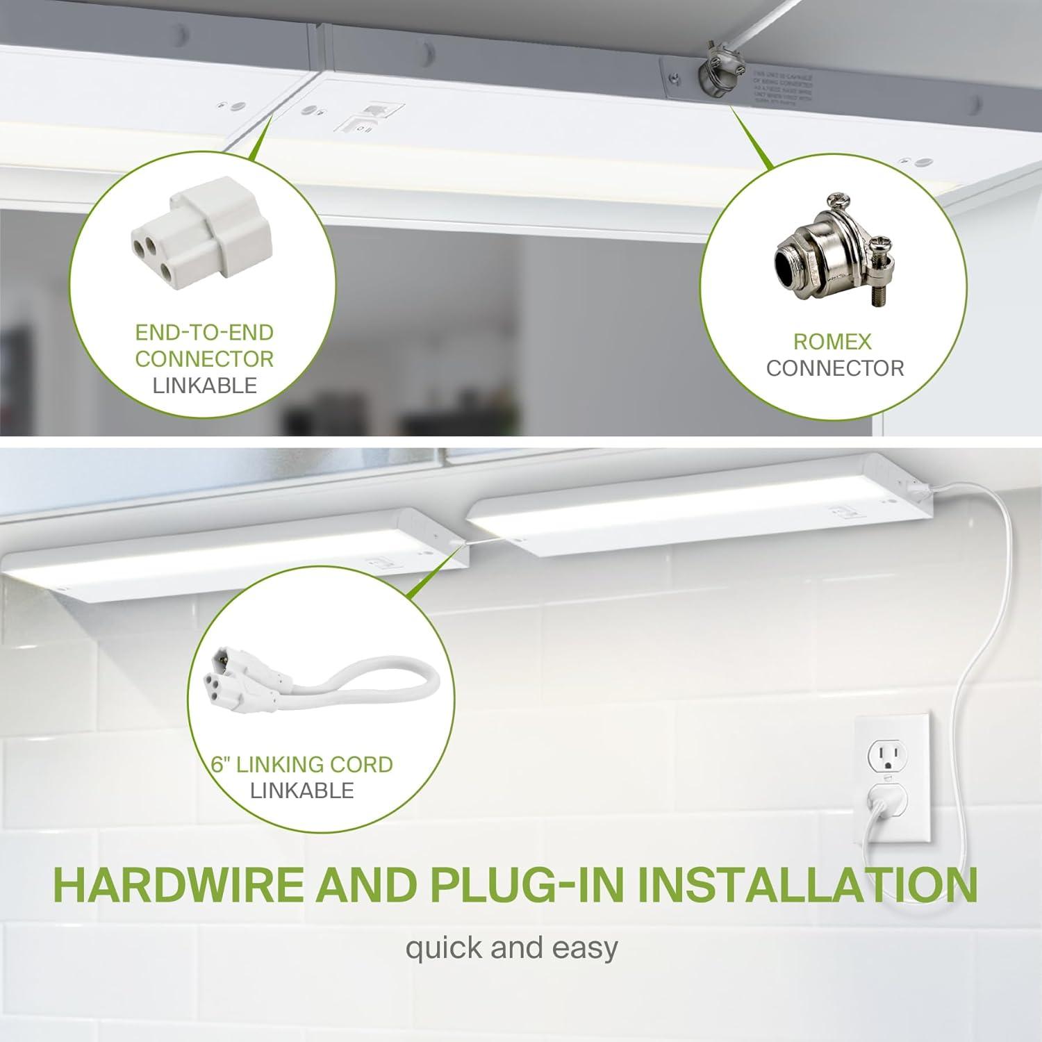 ASD LED Under Cabinet Lighting 18 Inch, Dimmable, Hardwired or Plug-in Installation, 3 Color Levels- 2700K/3000K/4000K, Linkable Kitchen Under Counter Lighting, ETL & Energy Star, White Finish