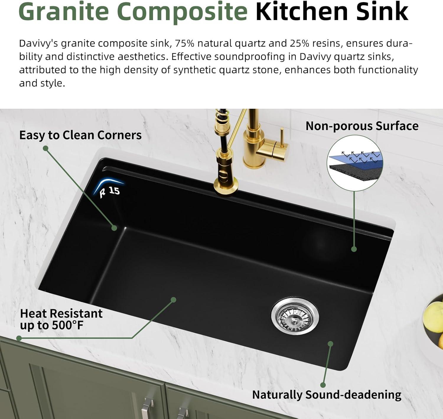 Davivy 33 Inch Black Granite Composite Kitchen Sink Workstation, 33 X 22 Quartz Composite Dual Mount Sink, Matte Black Composite Single Bowl Sink