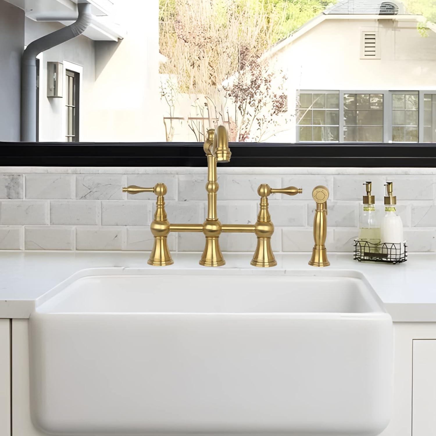 Brass Heritage Bridge Kitchen Faucet with Side Spray 2 Handles