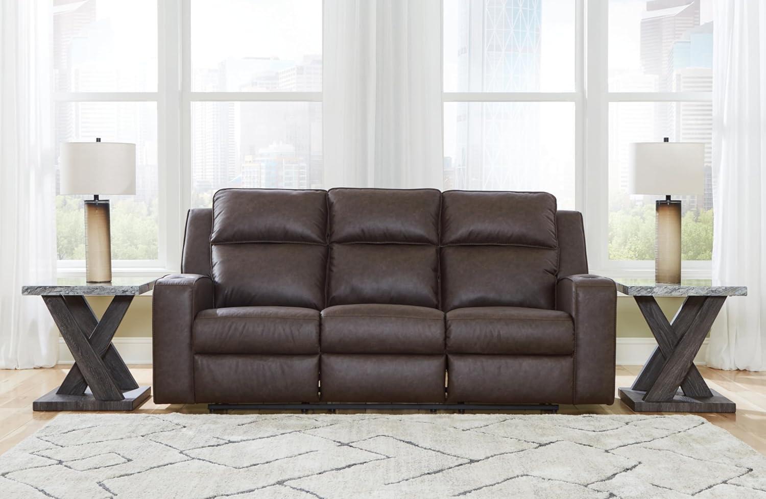 Umber Faux Leather Manual Reclining Sofa with Cup Holders