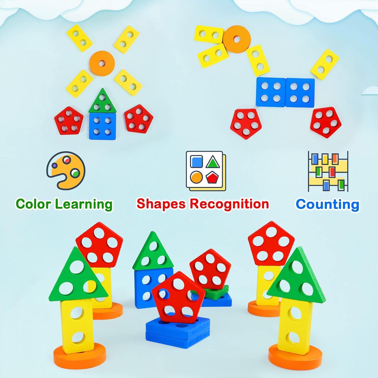 PEBIRA Montessori Toys for 1 to 3-Year-Old Boys Girls Toddlers, Wooden Sorting & Stacking Toys for Toddlers and Kids Preschool, Educational Color Recognition Shape Sorter, Learning Puzzles Gift