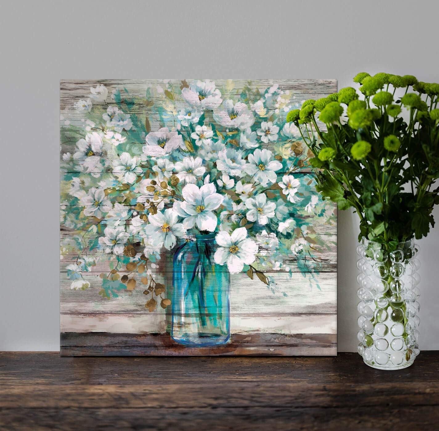 Teal Blue Mason Jar with White Flowers Canvas Wall Art