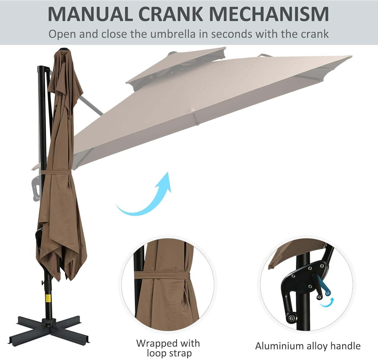 Outsunny 10ft Offset Patio Umbrella with Base, Double Top Hanging Aluminum Cantilever Umbrella with 360-degree Rotation, Easy Tilt, 8 Ribs, Crank, Cross Base, Cover, Strap