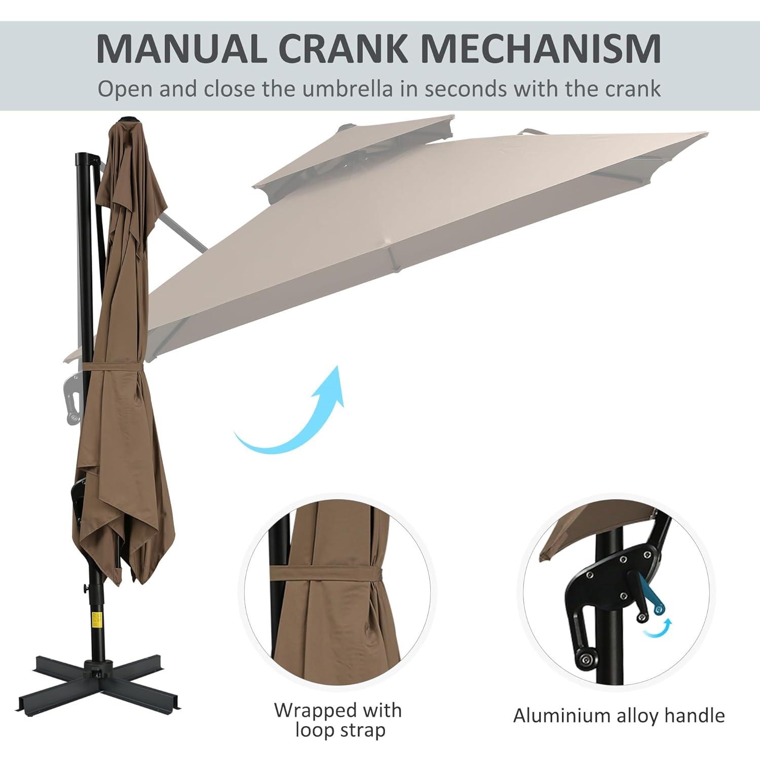 Outsunny 10ft Offset Patio Umbrella with Base, Double Top Hanging Aluminum Cantilever Umbrella with 360-degree Rotation, Easy Tilt, 8 Ribs, Crank, Cross Base, Cover, Strap