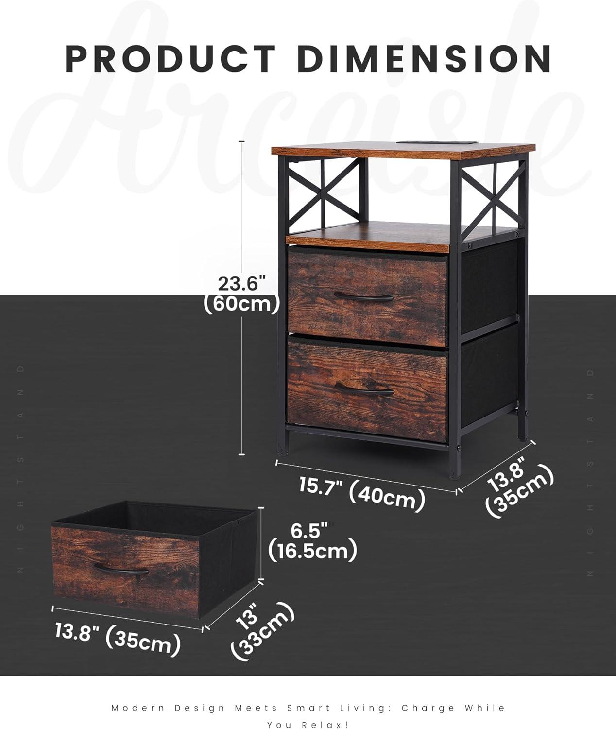 Night Stand Set 2, RGB LED End Table With Charging Station, 2 Fabric Storage Drawers Side Table With USB Ports And Outlets, Rustic Brown Beside Table Nightstands For Bedside