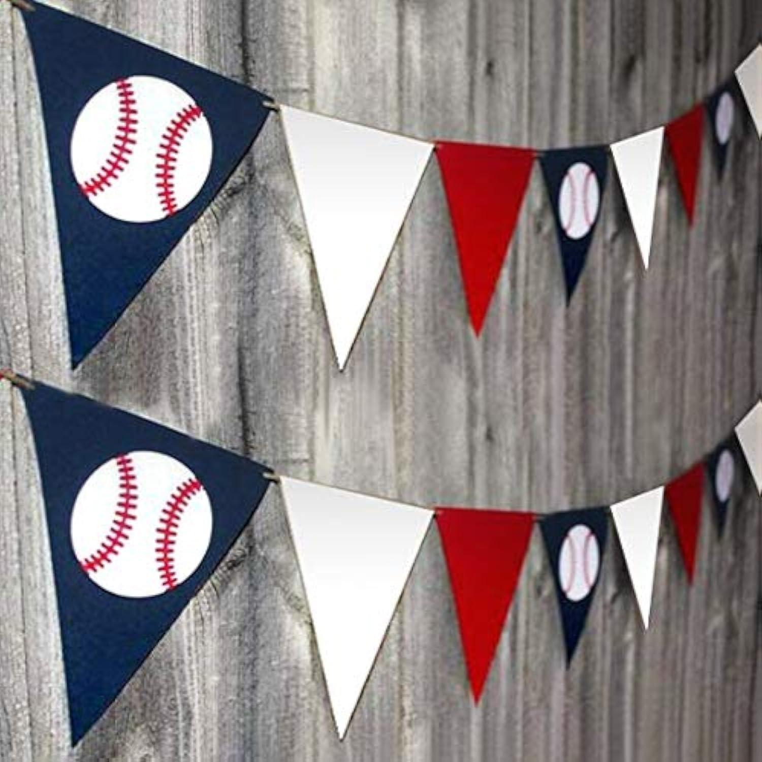 2PCS Baseball Party Paper Banner - Sports/Baseball Themed First Birthday Baby Shower Party Decorations Supplies Favors Wall Home Decor Photo Prop Paper Triangle Bunting Flag Banner Garland