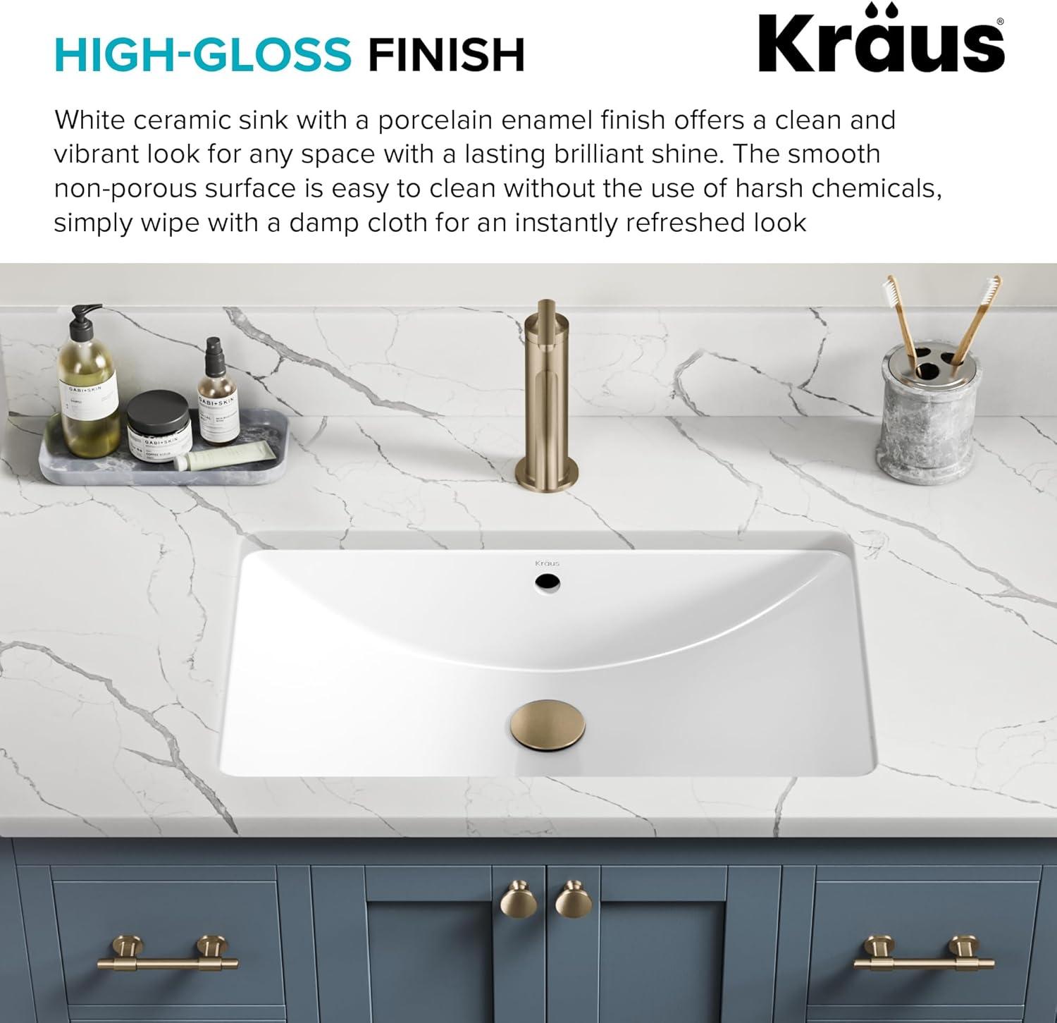 KRAUS Elavo. Rectangular Porcelain Ceramic Undermount Bathroom Sink In White With Overflow Drain, KCU-243