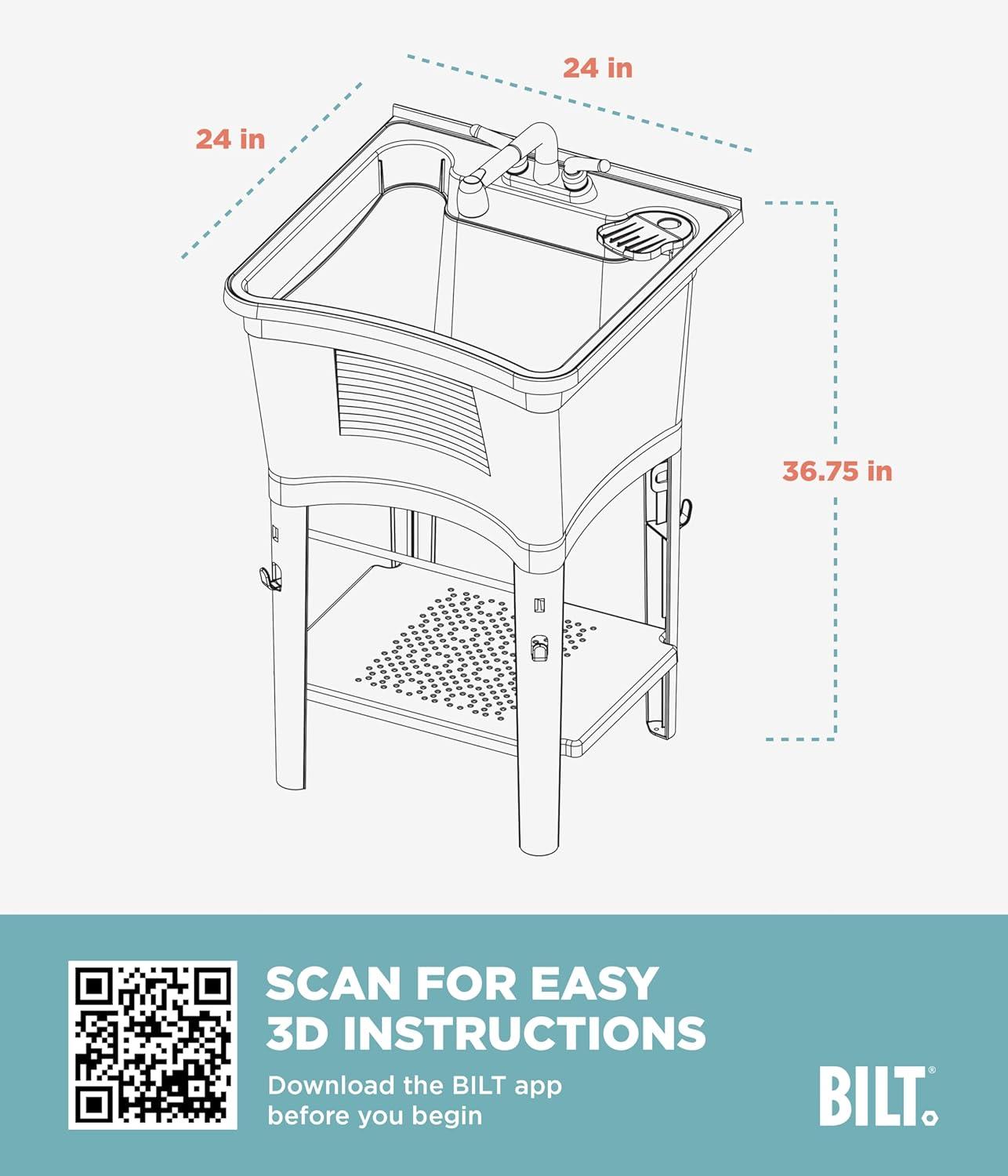 White Freestanding Utility Sink with Pull-Out Faucet and Towel Bar