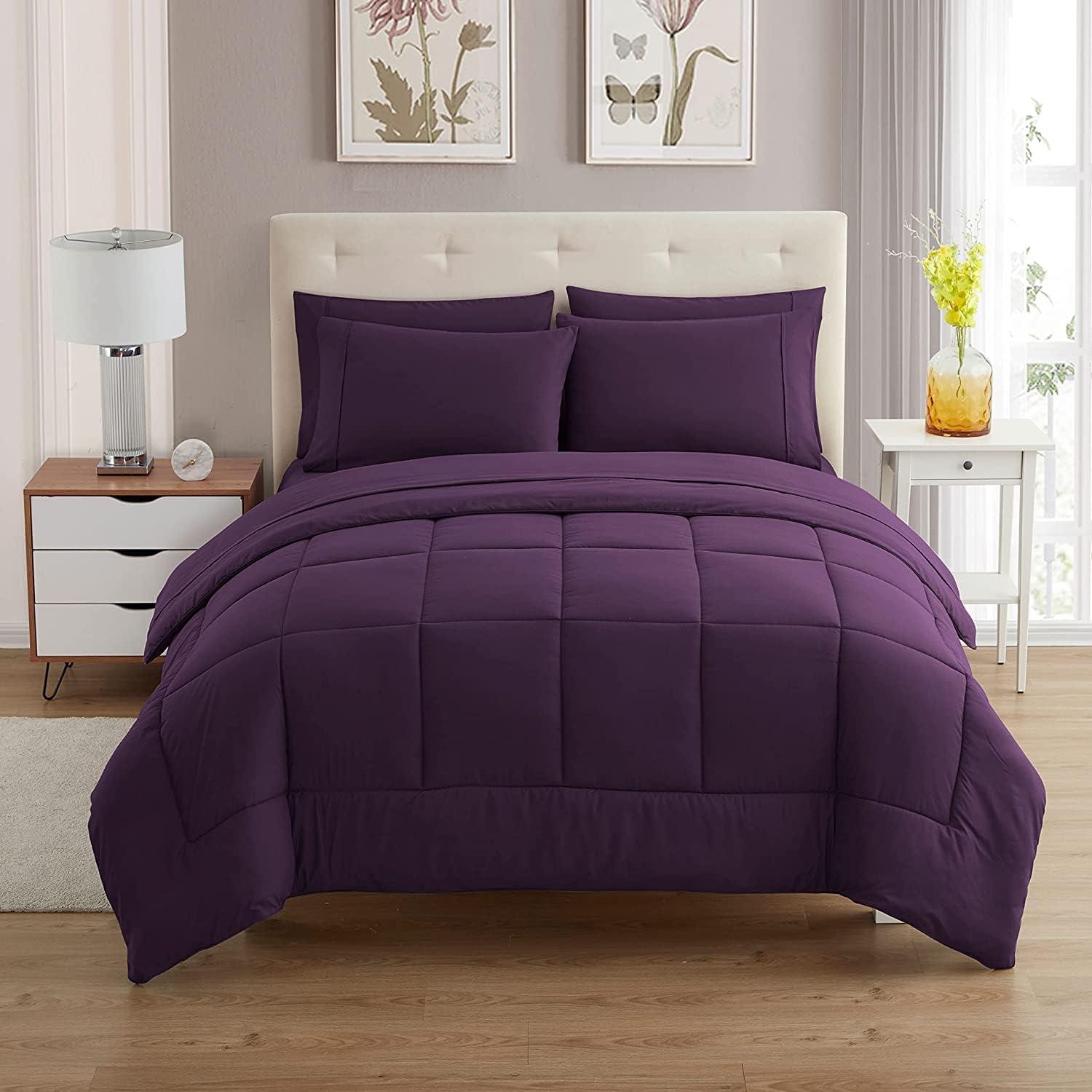 Bed-in-A-Bag Solid Color Comforter & Sheet Set Soft All Season Bedding, Twin XL, Purple