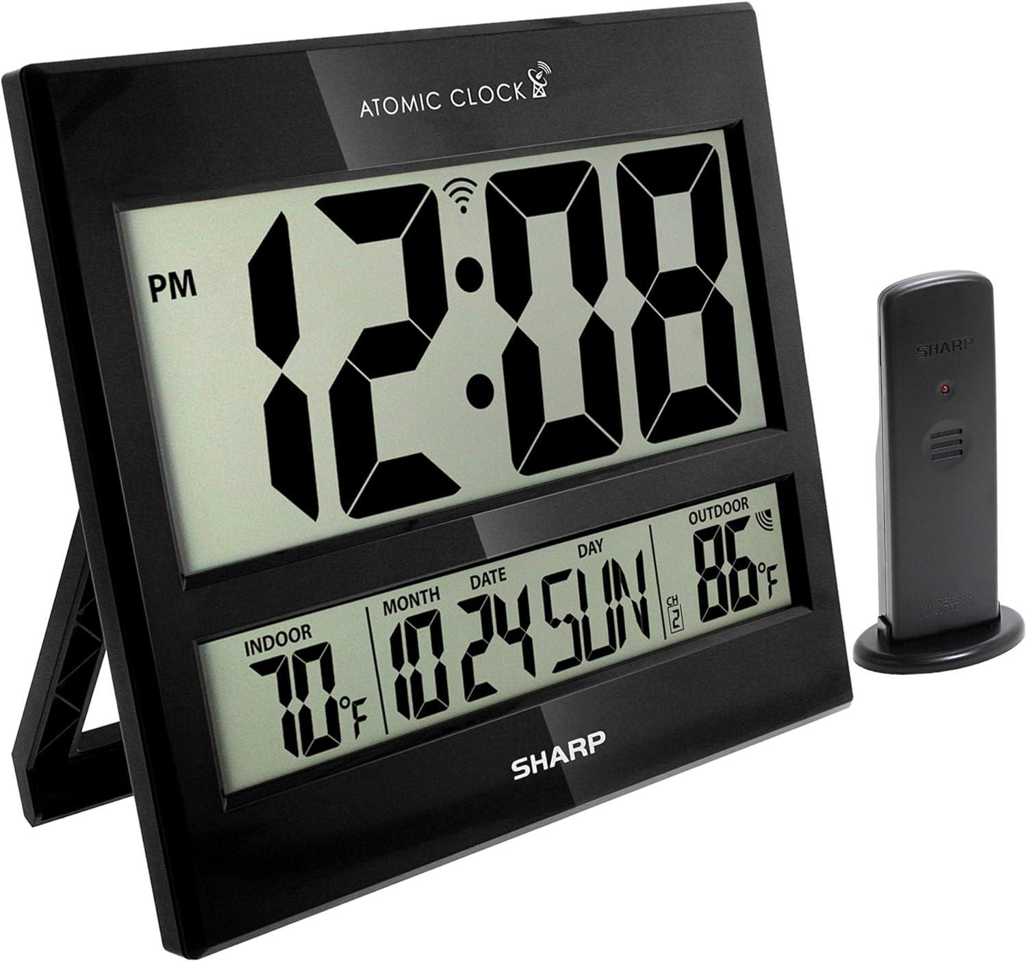 Sharp Black Atomic Wall Clock with Indoor/Outdoor Temperature Display