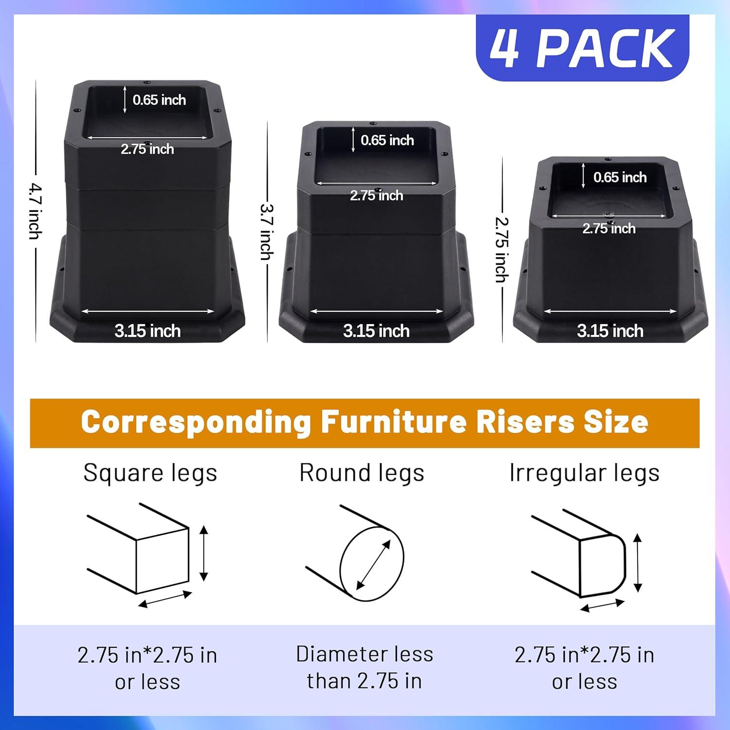 Furniture Risers 2 Inch Bed Risers Heavy Duty Adjustable Dorm Bed Lifts Risers Table Desk Chair Leg Extenders 4 Pack Black