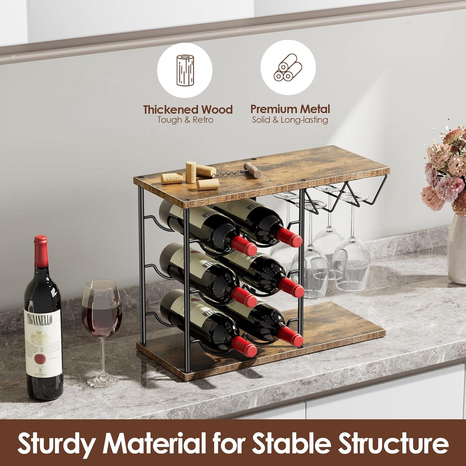 Wine Racks Countertop, Hold 6 Bottles and 4 Wine Glass Rack Wine Holder, Freestanding Wine Rack for Home, Kitchen, Bar, Wine Cellar, Cabinet